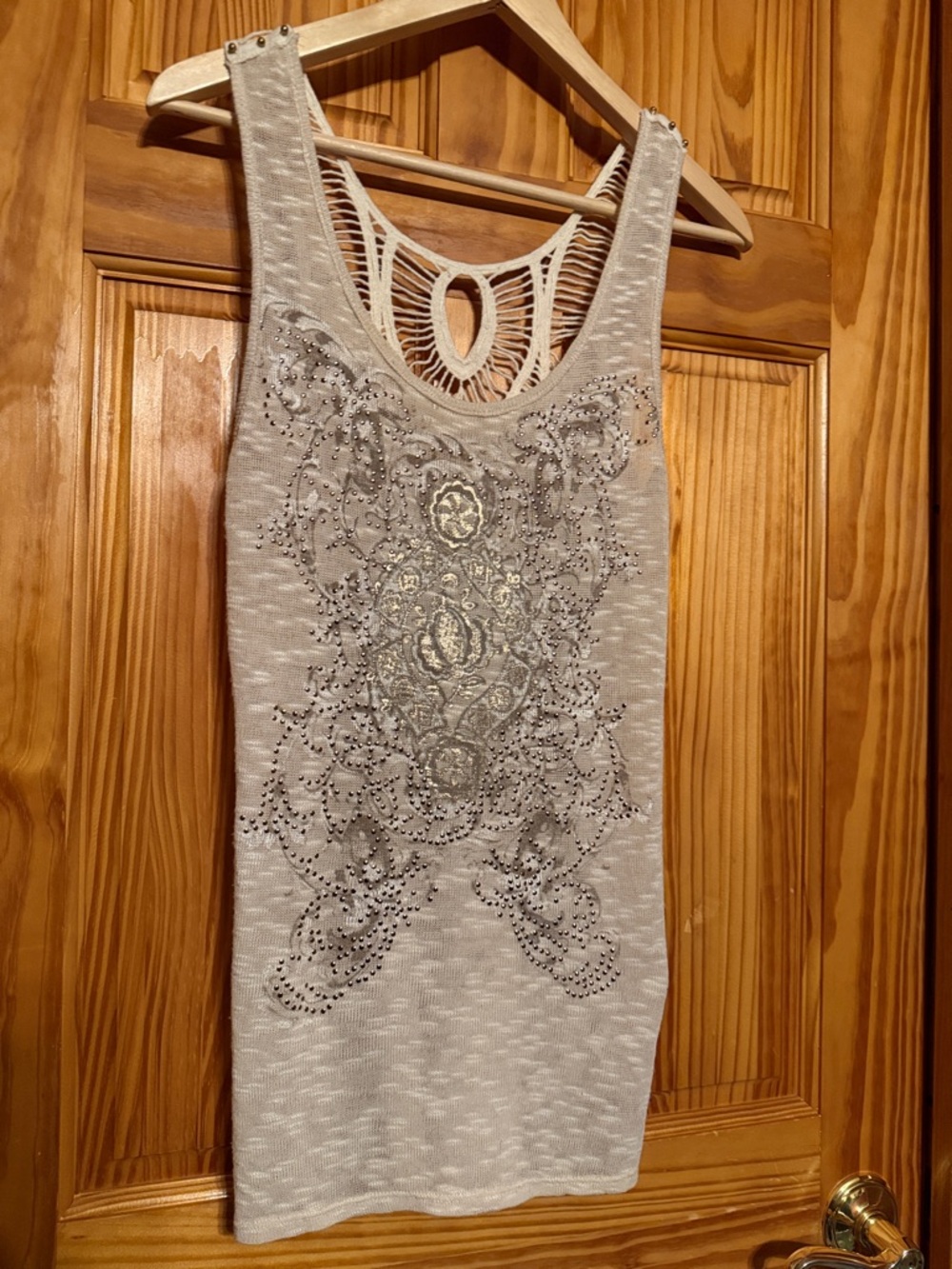 Miss Me Cream Tank with Silver Embellished Front and Macramé Back
